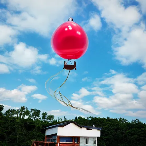 Image similar to floating house lifted in sky by balloons