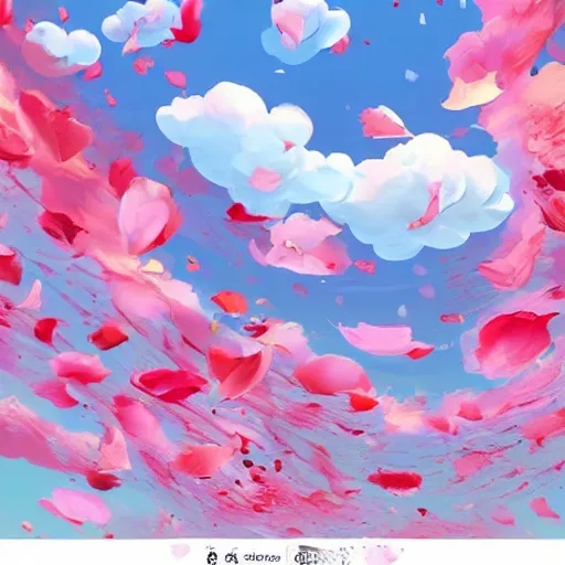 Image similar to background art of spaciously scattered flower petals flowing and floating through the blowing swirling directional wind from left to right on a simple cloudy sky background, big puffy clouds, large individual rose petals, angular background elements, polygonal fragments, studio ghibli, artgerm, trending on artstation, art nouveau, mature color scheme