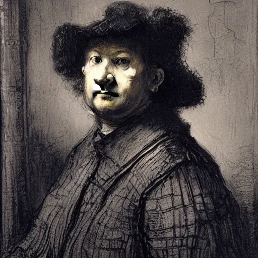 Prompt: Rembrandt self portrait, with robotic hands