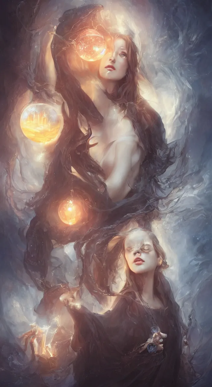 Prompt: a beautiful young witch with a crystal ball, painted by artgerm and tom bagshaw, fantasy art, dramatic lighting, highly detailed oil painting, volumetric lighting