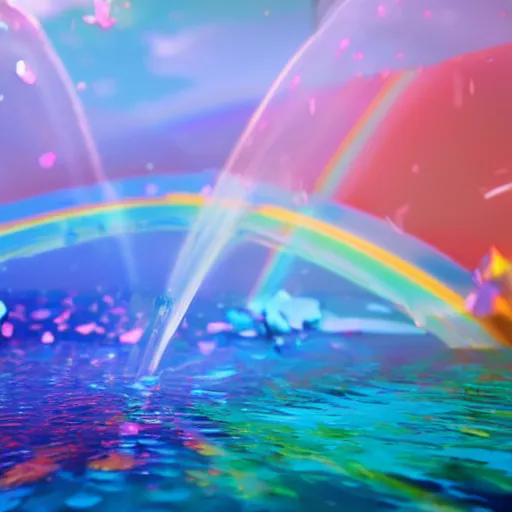 Image similar to a lot of multicolored rainbow iridiscent water splashes, water explosion, render, octane render, 3 d, unreal engine, raytracing, 8 k