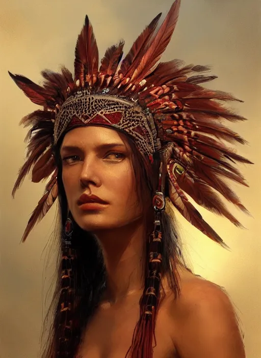 Image similar to gorgeous redskin woman wearing headdress, intricate, elegant, highly detailed, artstation, concept art, smooth, sharp focus, illustration, art by stefan kostic and greg rutkowski