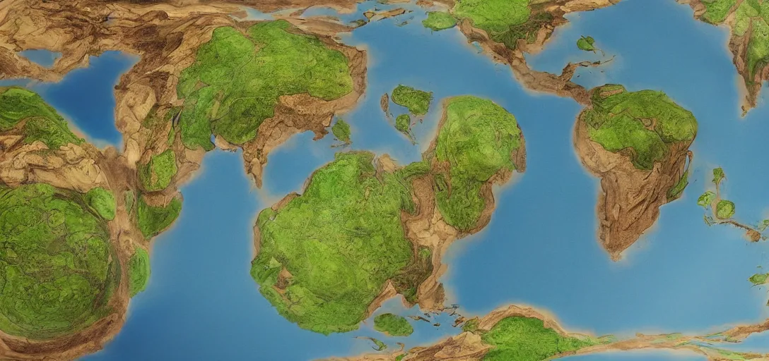 Image similar to fantasy world globe using eckert iv projection, extremely detailed, surreal biomes, fantasy, no text, 4 k