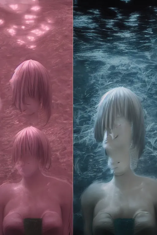 Image similar to 3d realistic dramatic infrared photo of two anime schoolgirls with a realistic face falling down from huge japanese bridge in a dark subway station under water in Japan. Close-up portrait. There are pink palm trees and translucent glow jellyfish flying around. Volumetric composition. Pastel colors in the style of Hiro Kiyohara, redshift, octane, trend artstation, cinematic, hyper realism, high detail, 8k