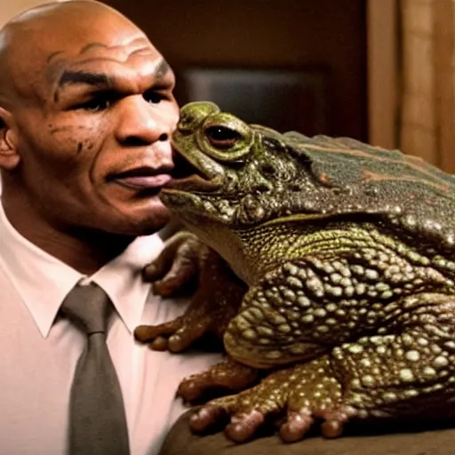 Prompt: a giant toad sitting with mike tyson in a room, from the movie directed by martin scorsese and christopher nolan, masterpiece, 8 h