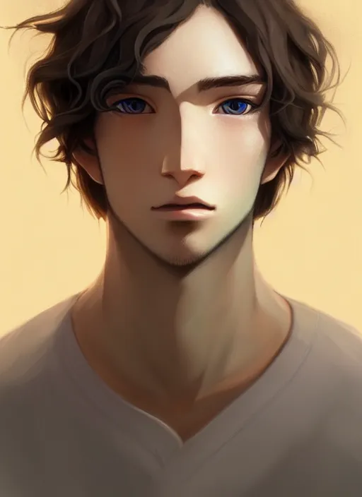 Prompt: young man with medium - length, curly, golden hair, perfectly proportioned face, aquamarine eyes, sorrow, natural lighting, path traced, highly detailed, high quality, cartoon, digital painting, by new haicheng and studio ghibli