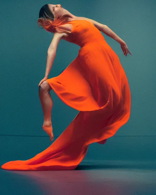 Image similar to expressively dancing on a bold James Turrell lit stage, a beguiling modern dancer dynamic Pantene gorgeous long luxurious hair flowing and flipping, high fashion photograph, isolated on vivid orangered, By Steven Meisel, by WLOP