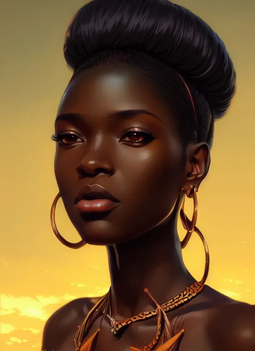 Image similar to a comic portrait of an african goddess, fine - face, realistic shaded perfect face, fine details. night setting. very anime style. realistic shaded lighting poster by ilya kuvshinov katsuhiro, magali villeneuve, artgerm, jeremy lipkin and michael garmash, rob rey and kentaro miura style, trending on art station