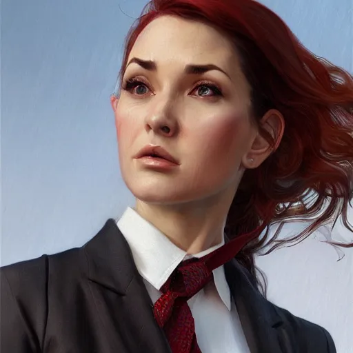 Prompt: a girl wearing a business suit, grey hair, red necktie, cinematic, stunning, highly detailed, digital painting, artstation, smooth, hard focus, illustration, art by artgerm and greg rutkowski and alphonse mucha