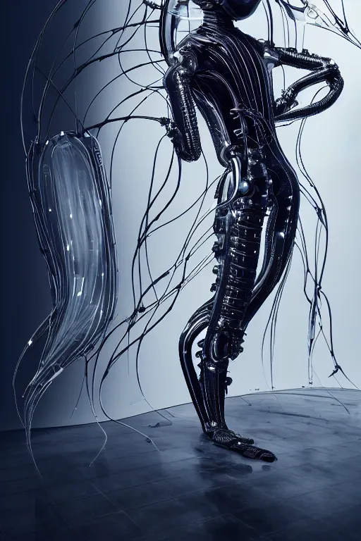 Image similar to background space station, black inflateble dress iris van herpen positing on floor, helmet instead of a head, perfect symmetrical, full body shot, inflateble shapes, wires, tubes, veins, jellyfish, white biomechanical details, wearing epic bionic implants, masterpiece, intricate, biopunk, vogue, highly detailed, artstation, concept art