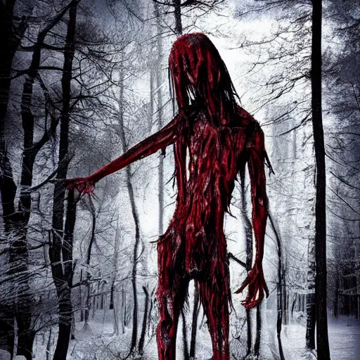 Image similar to horrifying digital art of a blood soaked skinwalker, lanky, skinny, pale skin, snow, forest, dark, horrifying