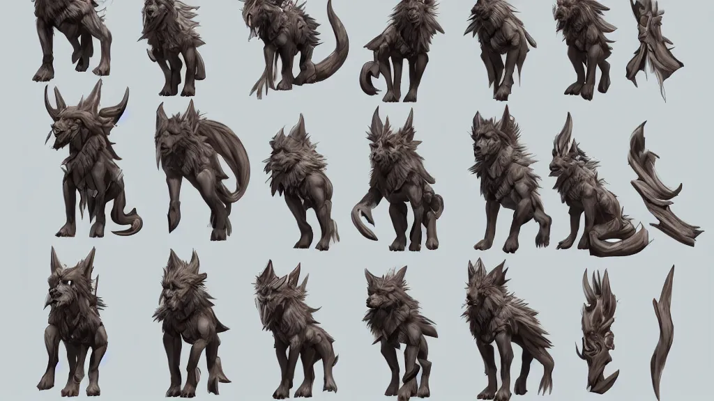 Image similar to a fantasy worg character mount design sheet, trending on artstation