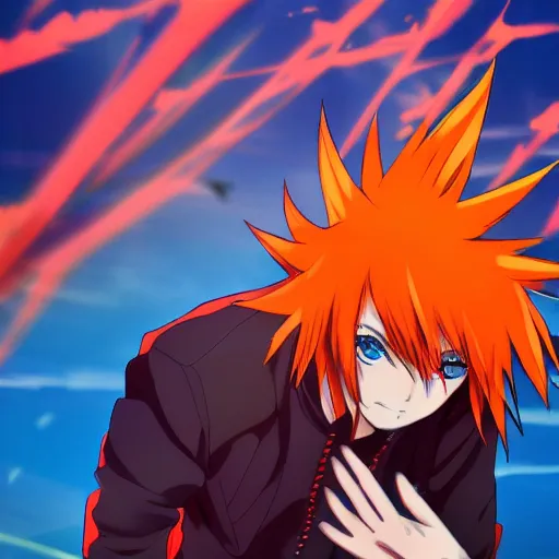 Image similar to orange - haired anime boy, 1 7 - year - old anime boy with wild spiky hair, wearing blue jacket, running past colorful building, red - yellow - blue colored building, turquoise aquamarine windows, strong lighting, strong shadows, vivid hues, ultra - realistic, sharp details, subsurface scattering, intricate details, hd anime, 2 0 1 9 anime