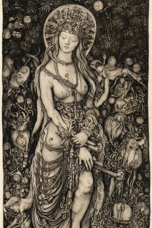 Image similar to albrecht durer, albrecht altdorfer, hans holbein, lucas cranach, gustave dore, engraving-style tattoo of regal female boddhisatva with the attributes of Diana, Athena, Guanyin, Shakti, Isthar, Deborah, and Seshat, wearing a robe, standing gracefully upon a lotus, surrounded by egrets and northern wetland flora