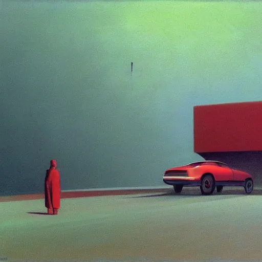 Prompt: dreaming futuristic red electric car in green landscape science fiction, Edward Hopper and James Gilleard, Zdzislaw Beksinski highly detailed