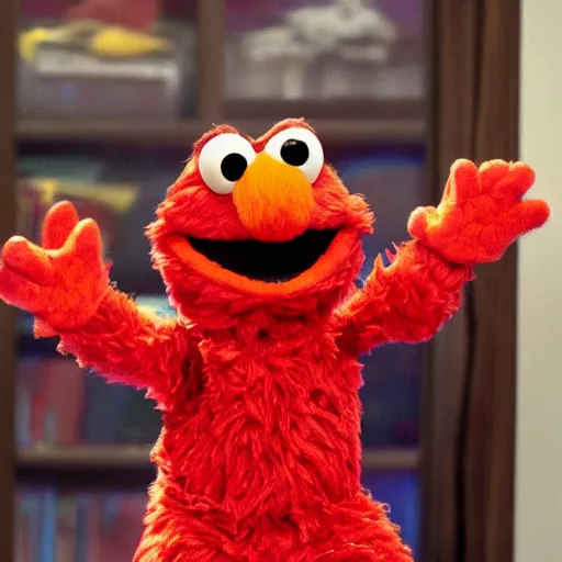 Image similar to a photo of elmo holding a knife in his hand, ultra high detail.