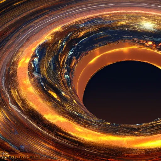 Prompt: wide angle shot of a giant liquid golden stream ascending swirling into a the gravitational field of a deep dark black hole, james web telescope, conceptart, unreal engine 5, 8 k, high depth of field, depth perception, rich deep colors, artstation