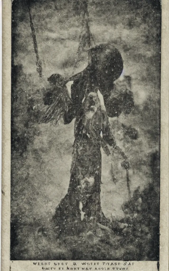 Prompt: wet plate sun tarot card victorian era, coal dust, ghosts in the background, in the style of brothers quay, borders