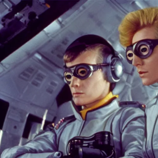 Prompt: stoic heroic emotionless handsome butch blonde woman engineer in flight suit, victorian goggles, very short slicked - back hair, on the nostromo, alien 1 9 7 9, anime,