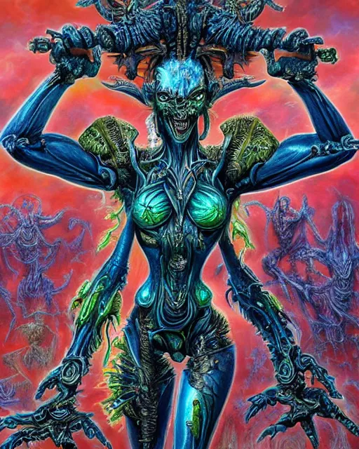 Image similar to silver mechanical charred bloody fleshmetal cyborg daemonhost woman psychedelic flamer of tzeentch with extra arms guns, blue and green rainbow fire, by antonio j. manzanedo, alex grey, android jones, wayne barlowe, philippe druillet, josephine wall, harumi hironaka, cronenburg, trending on artstation