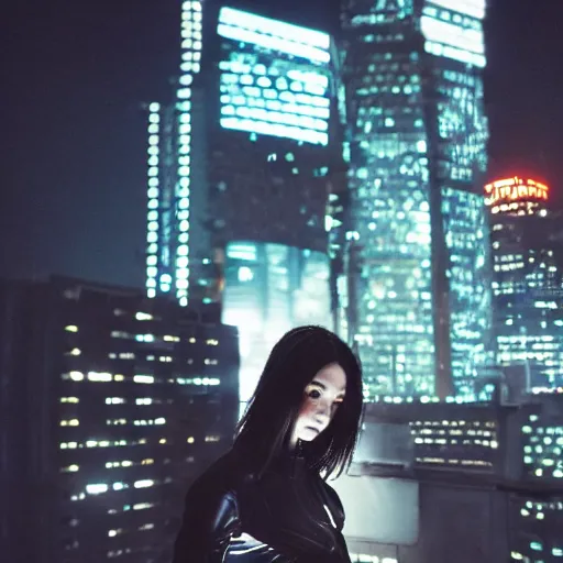 Image similar to cinestill 5 0 d candid photographic portrait of a techwear woman holding a gun on the rooftop of a futuristic city at night, closeup, modern cyberpunk moody emotional cinematic, clear skies, 8 k, hd, high resolution, 3 5 mm, f / 3 2, ultra realistic faces, ex machina