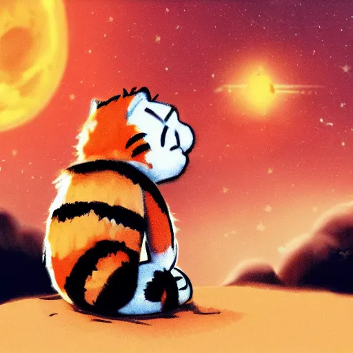 Image similar to A fuzzy orange cat sitting on planet earth, space with stars in the background, trending on artstation, 3D animation, in the style of Calvin And Hobbes