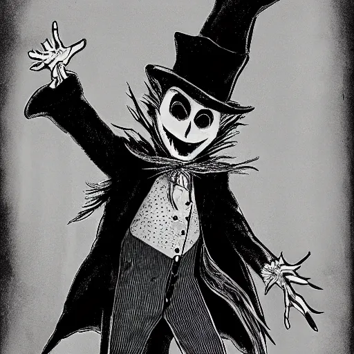 Image similar to a Pop Wonder scary horror themed goofy-hilarious-character Jack-Frost-Babadook-scarecrow-madhatter-williewonka-wearing a scarf, 3-piece-suit, dime-store-comic drawn with charcoal and pen and ink, half-tone-line-stacking