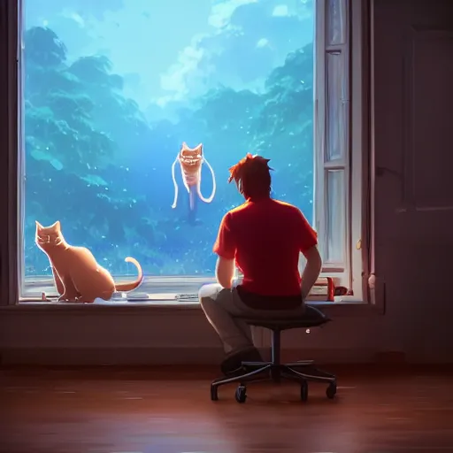 Prompt: a cat exists next to a man. cat and man in a room. in the room exists a chair. animal. digital art. artstation. realistic. vibrant. illustration. in the style of pixar movie. octane render. art by makoto shinkai, stanley artgerm lau, wlop, rossdraws. volumetric lighting.