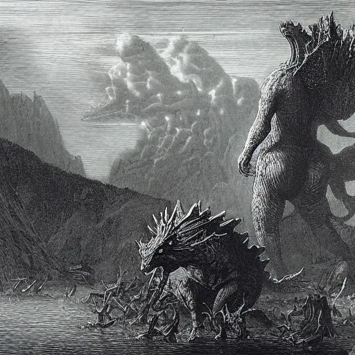 Image similar to godzilla sized deer demolish city, gustave dore