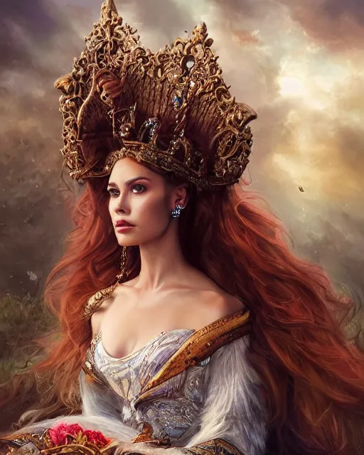 Prompt: a beautiful female queen sitting on a throne, 8 k, beautiful face and windy hair, hyperrealistic, hyperdetailed, fantasy portrait by laura sava