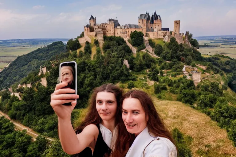 Prompt: selfie made by jesus and mary magdalene standing on a cliff looking over a beautiful landscape with castles in france, award winning photo, very detailed, very realistic