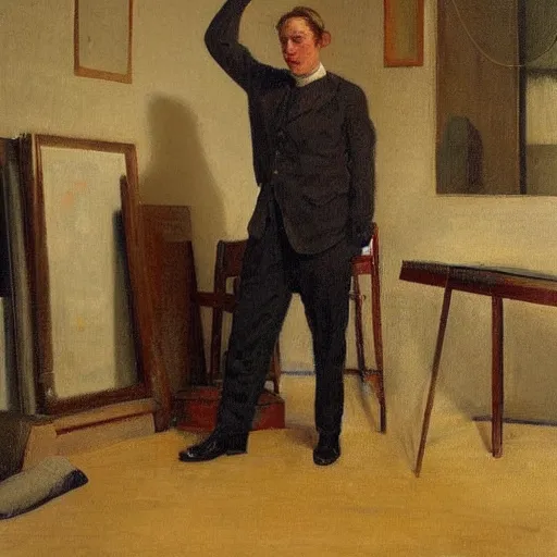 Prompt: Harold knight painting of a man posing in a studio,