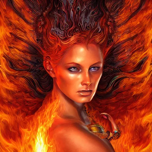Prompt: A stunning portrait of a goddess, her body made of flames, by Jim Burns, intricate, fantasy, Trending on artstation.