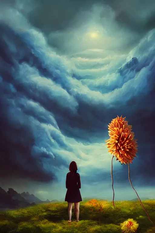 Image similar to closeup giant dahlia flower over the head, girl standing on mountain, surreal photography, blue storm clouds, dramatic light, impressionist painting, digital painting, artstation, simon stalenhag