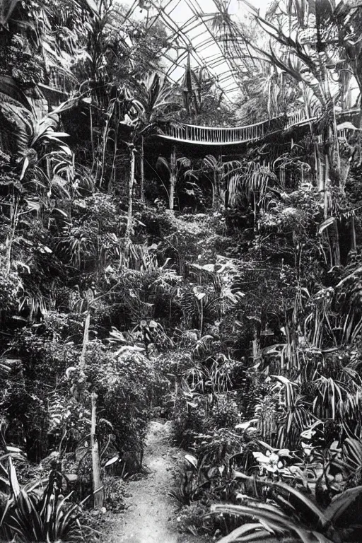 Prompt: alien buildings inside a jungle, black and white photography, year 1 9 0 0