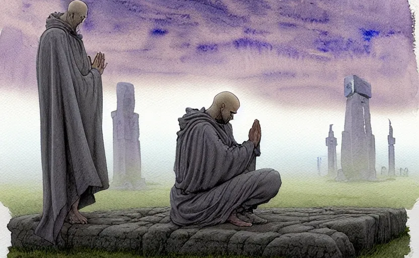 Image similar to a hyperrealist watercolour character concept art portrait of a grey medieval monk kneeling down in prayer in front of a tall grey alien structure built on top of stone henge on a misty night. by rebecca guay, michael kaluta, charles vess and jean moebius giraud