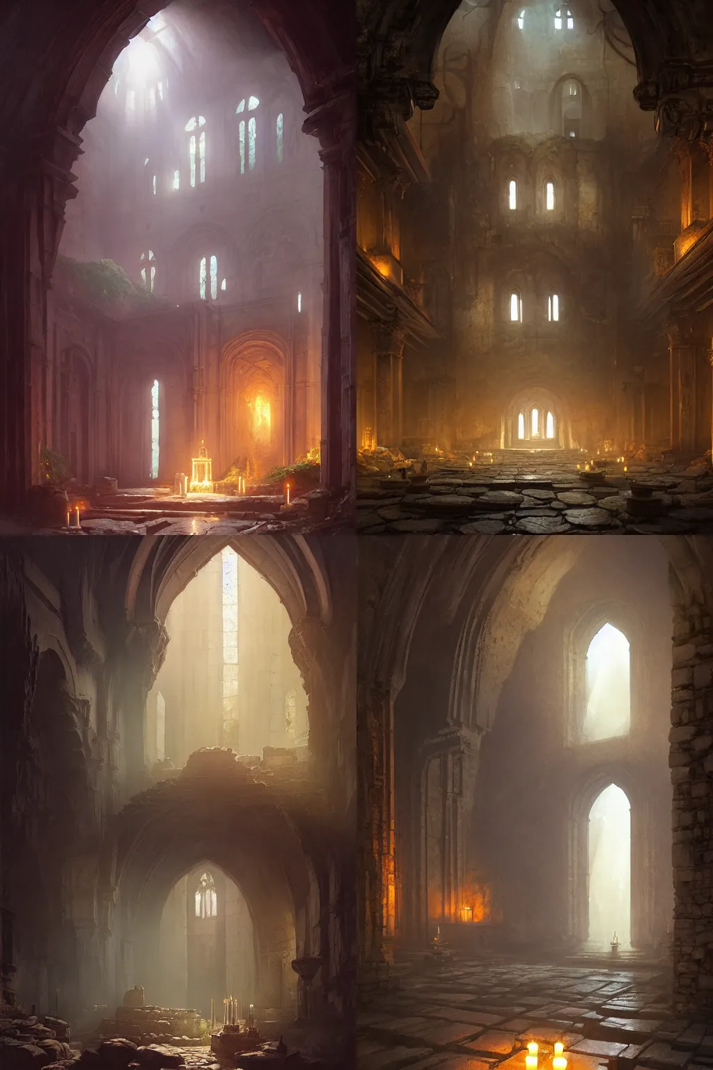 Prompt: detailed interior of monastery ruins in style of greg rutkowski and andreas rocha, waterfall walls, light of god, light shafts, candles, cinematic lighting, masterpiece, atmospheric