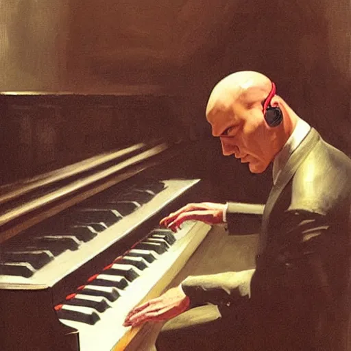 Image similar to agent 4 7 from hitman wearing headphones while playing a piano, by gregory manchess, james gurney, james jean