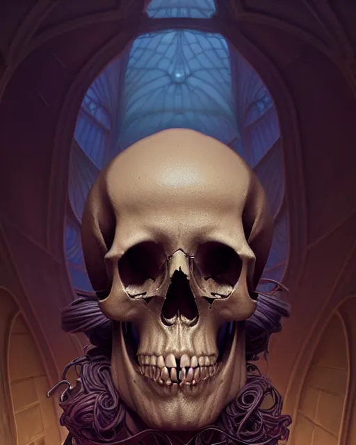 Image similar to highly detailed surreal vfx portrait of a skull in a great hall, stephen bliss, unreal engine, greg rutkowski, loish, rhads, beeple, makoto shinkai and lois van baarle, ilya kuvshinov, rossdraws, tom bagshaw, alphonse mucha, global illumination, detailed and intricate environment