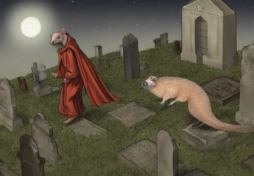 Image similar to a possum dressed like a monk at a medieval cemetery at night, isometric, digital art