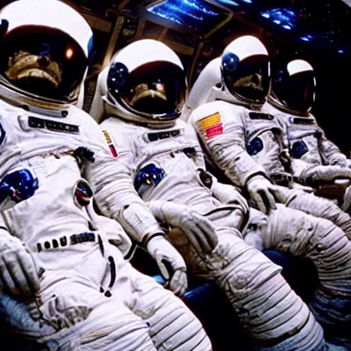 Image similar to astronauts sitting in a movie theater watching the movie “alien”, realistic