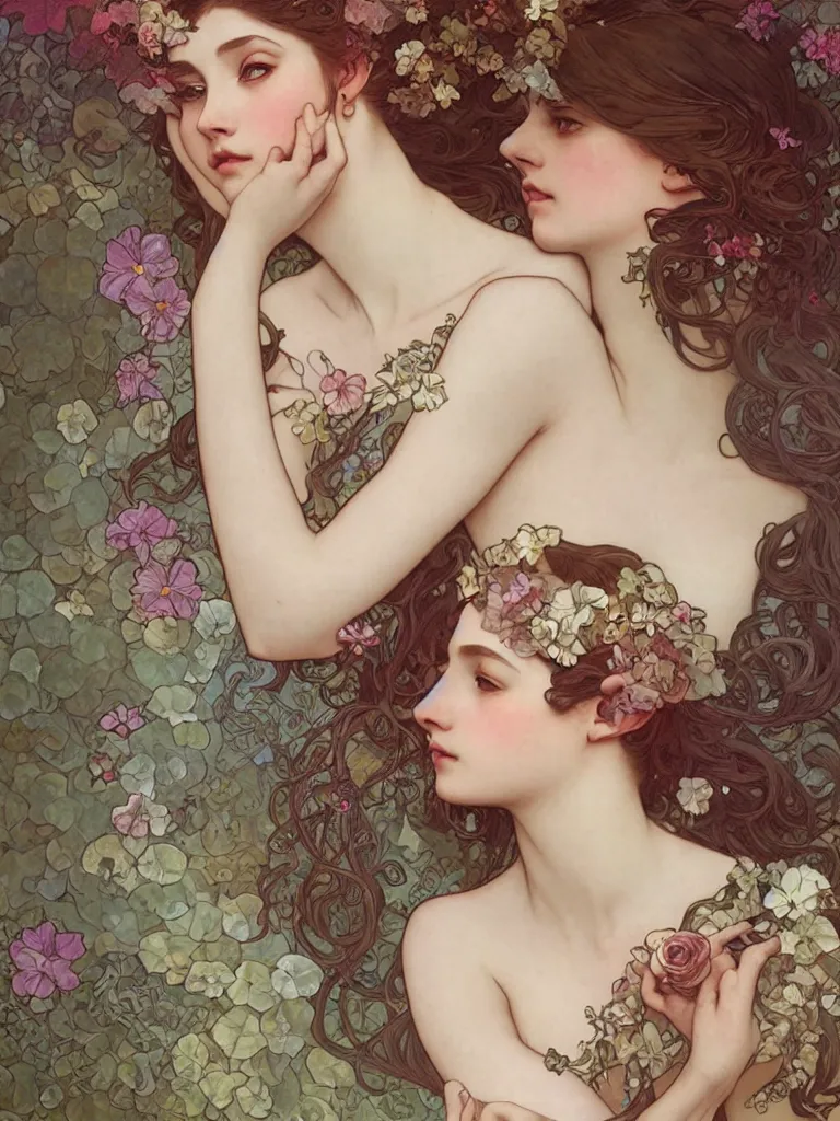 Prompt: sensuality, wrapped in flowers, art by Charlie Bowater, Alphonse Mucha, Tom Bagshaw