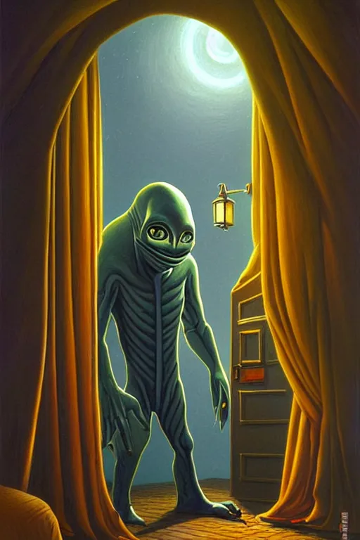 Prompt: classic oil painting, a grey alien sneaking through the door, as a dnd character, inside a bedroom at night, cottagecore, windows, highly detailed, abduction, digital illustration, concept art, smooth, sharp focus, art by tim hildebrandt, and greg hildebrandt