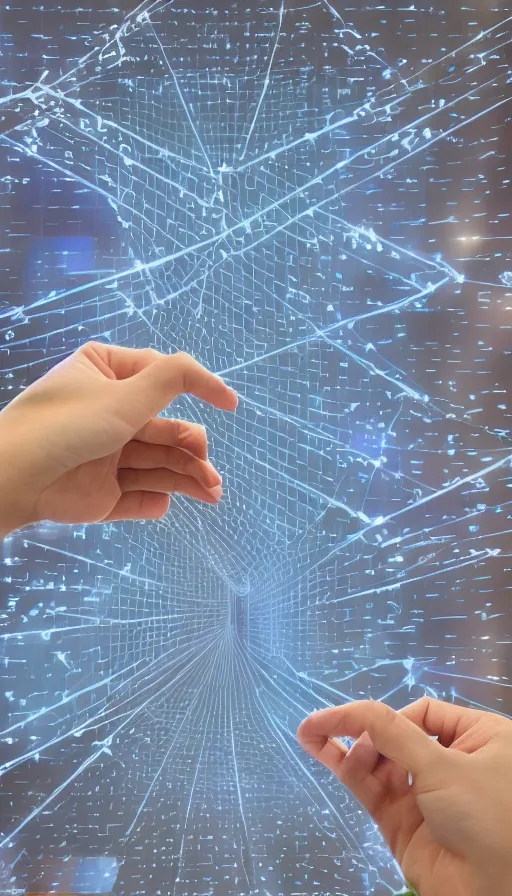 Image similar to 140mm f/2.3 wide photograph of a hand holding and scrolling through 3D floating hologram panels connected with hinges, hands pulling apart two connected video panels, multiple thick index card screens with Tweet paragraphs and images strung together with hinges into a long paragraph stack