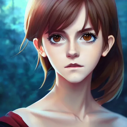 Image similar to anime portrait of emma watson as an anime girl by Stanley Artgerm Lau, WLOP, Rossdraws, James Jean, Andrei Riabovitchev, Marc Simonetti, and Sakimichan, trending on artstation