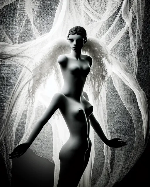 Image similar to surreal mythical dreamy dark artistic black and white fine art photo of a beautiful young female angel - mermaid - cyborg covered with translucent algae lace web, rim light, cinematic, studio dramatic light, poetic, octane render, 8 k, photo - realistic, by floria sigismondi