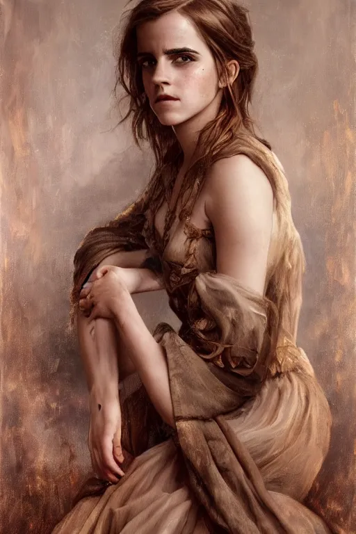 Image similar to Emma watson as a Nymph, oil on canvas, intricate, portrait, 8k highly professionally detailed, HDR, CGsociety