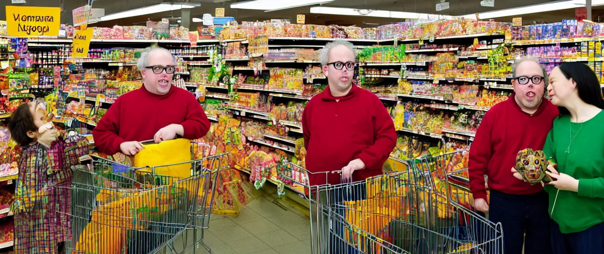 Prompt: award winning photo of a meeting of todd solondz and a friend at a supermarket, vivid colors, happy, symmetrical face, beautiful eyes, studio lighting, wide shot art by sally mann & arnold newman, francis bacon, ewa juszkiewicz, jenny saville, yayoi kusama, ai weiwei and gregory crewdson