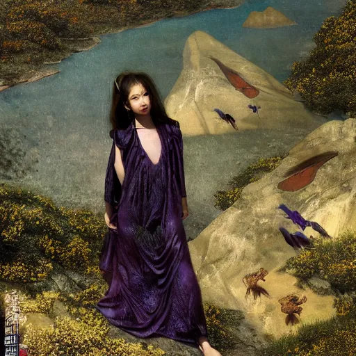 Image similar to beautiful oriental girl walks around Socotra among endemic plants and snags in a long transparent flowing dress and meets mystical animals, mystical insects, mystical birds, lizards, snakes, gorgeous, Atmosphere, hypnotic dimensions, mythology, Rococo, photorealism, in the style of Jin Kagetsu, James Jean and wlop, Valentin Serov style, hyperrealistic, sharp focus, intricate concept art, digital painting, ambient lighting, 4k, hdt, artstation trending on Gsociety, trending on ArtstationHQ, trending on deviantart, professionally post-processed, wide-angle action dynamic portraithyperdetailed, hyper quality, 16K