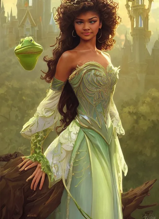 Image similar to beautiful young zendaya as tiana princess disney, frog closeup, d & d, fantasy, intricate, elegant, highly detailed, digital painting, artstation, concept art, matte, sharp focus, illustration, art by artgerm and greg rutkowski and alphonse mucha